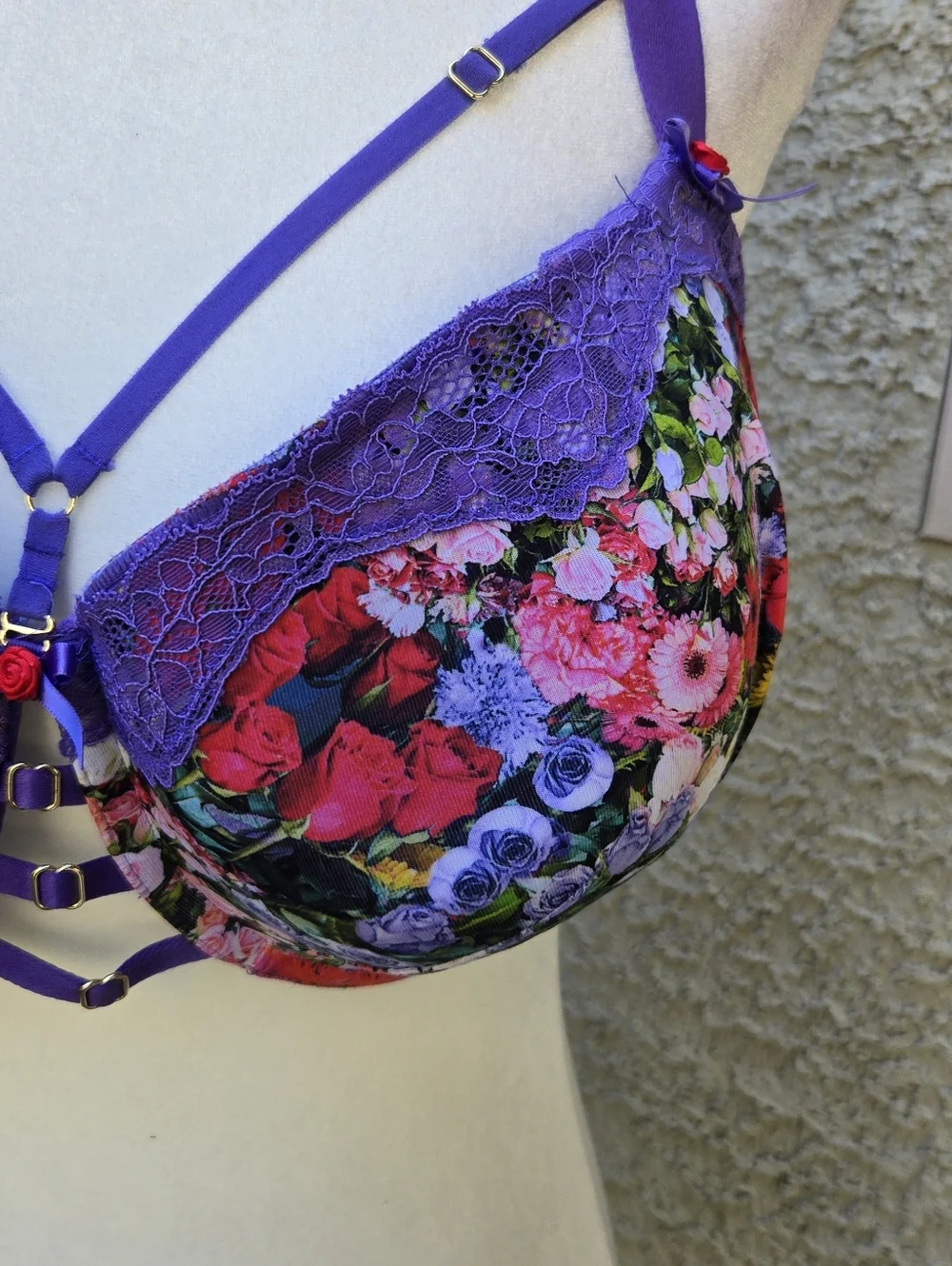 Cacique Purple Floral Lace Underwire Bra Boost Balconette